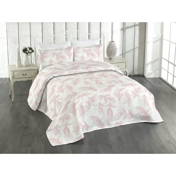 Ambesonne Leafy Design Quilted Bedspread Set 3 Pcs, Fantasy Dreamy Leaves, King, Pale Pink Blush White