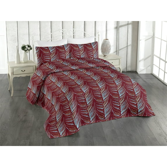 Ambesonne Leafy Design Quilted Bedspread Set 3 Pcs, Leaves Simple Tropical, King, Cinnamon Aqua Lime Green