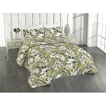 Ambesonne Leafy Design Quilted Bedspread Set 3 Pcs, Modern Leaves Exotic, King, White Pale Olive Green