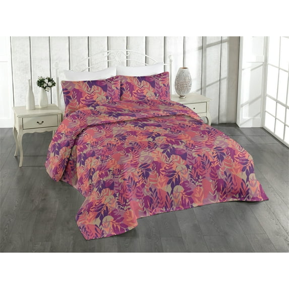 Ambesonne Leafy Design Quilted Bedspread Set 3 Pcs, Pop Art Colors Leaves, Twin, Magenta Pale Lilac Indigo