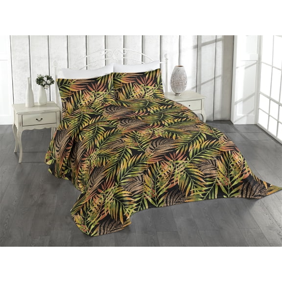 Ambesonne Leafy Design Quilted Coverlet 2 Pcs, Modern Feels Tropical, Twin Size, Vermilion Lime Green