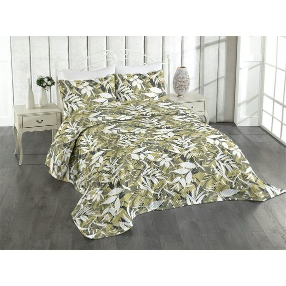 Ambesonne Leafy Design Quilted Coverlet 2 Pcs, Modern Leaves Exotic, Twin Size, White Pale Olive Green