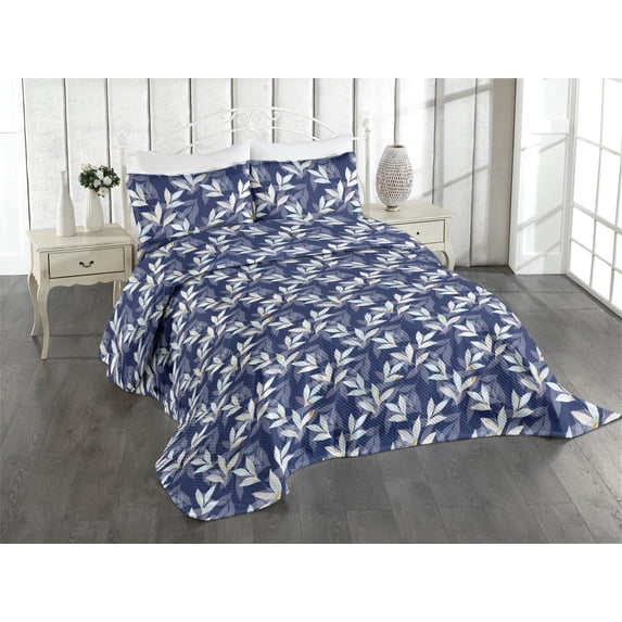 Ambesonne Leafy Design Quilted Coverlet 3 Pcs, Autumnal Leaves Art, King Size, Dark Lavender Ivory
