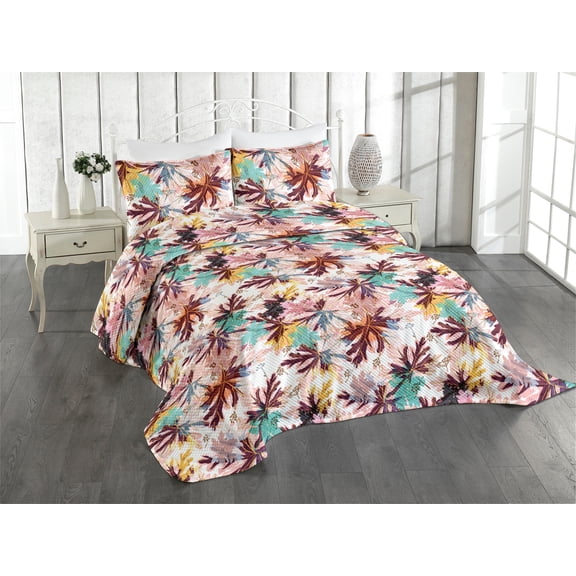 Ambesonne Leafy Design Quilted Coverlet 3 Pcs, Exotic Aquarelle Leaf, Queen Size, Chocolate Pale Pink White