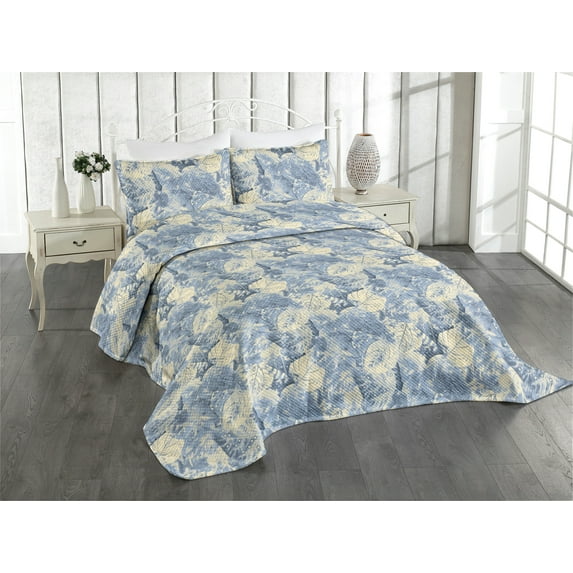 Ambesonne Leafy Design Quilted Coverlet 3 Pcs, Winter Colors Woodland, Queen Size, Pastel Yellow Ceil Blue