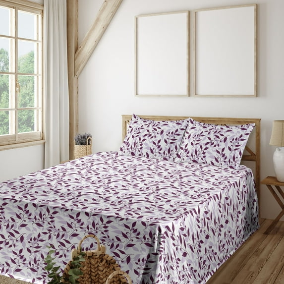 Ambesonne Leafy Pattern Fitted & Flat Sheet with Shams 4 Pcs Set, Leaves Cottagecore, King, Eggplant Pale Lavender