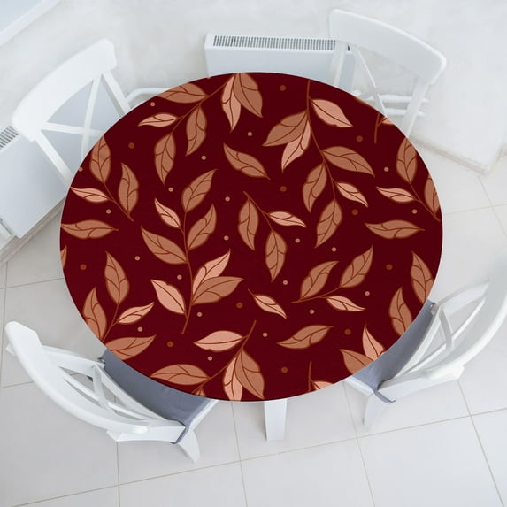 Ambesonne Leafy Pattern Fitted Round Tablecloth, Autumn Leaves Dots, 45"- 56" Diameter, Burgundy Pale Ruby