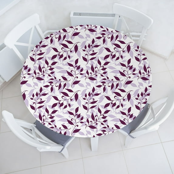 Ambesonne Leafy Pattern Fitted Round Tablecloth, Leaves Cottagecore, 45"- 56" Diameter, Eggplant Pale Lavender