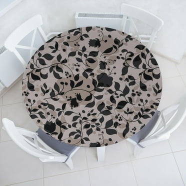Ambesonne Leafy Pattern Fitted Round Tablecloth, Muted Floral Design, 36"- 40" Diameter, Pale Mauve Charcoal Grey