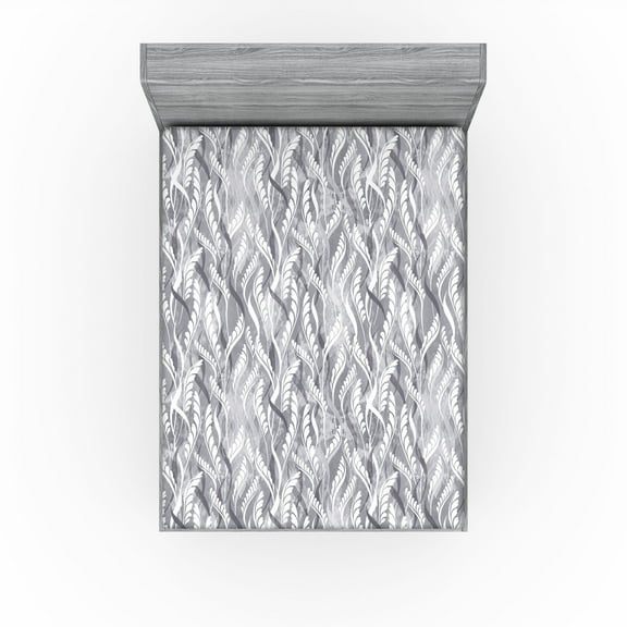 Ambesonne Leafy Pattern Fitted Sheet, Simple Forest Leaves, Full Size, Pale Grey White