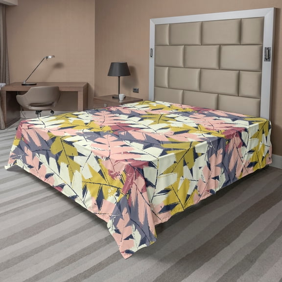 Ambesonne Leafy Pattern Flat Bedding Sheet Soft Top Sheet, Pop Art Leaves Funky, Queen, Pastel Pink Yellow Green