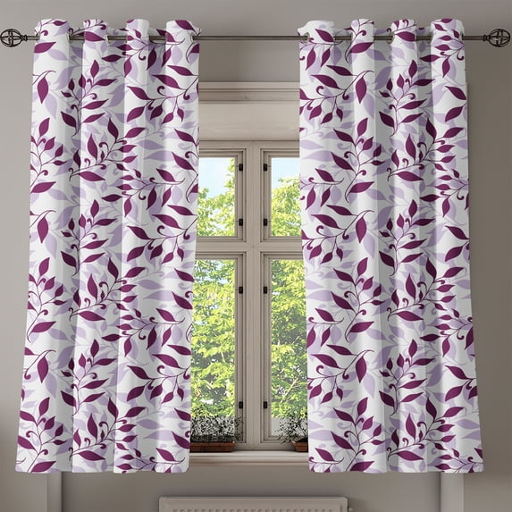 Ambesonne Leafy Pattern Grommet Curtain, Leaves Cottagecore, 50"x63", Eggplant Pale Lavender