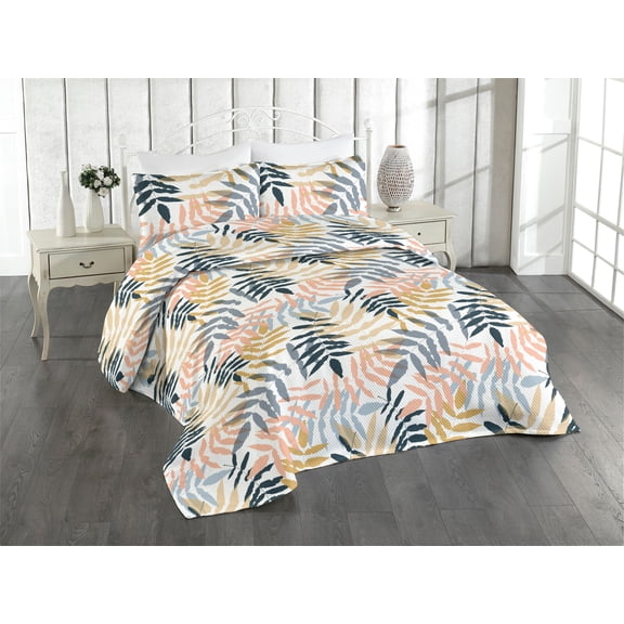 Ambesonne Leafy Pattern Quilted Bedspread Set 3 Pcs, Art Tropical Leaves, King, Coral Dark Yellow White