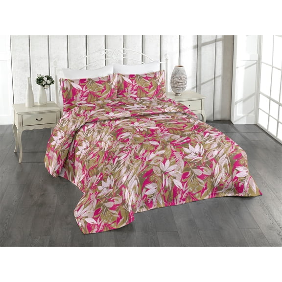 Ambesonne Leafy Pattern Quilted Bedspread Set 3 Pcs, Romantic Leaves Print, Twin, Purple Grey Magenta
