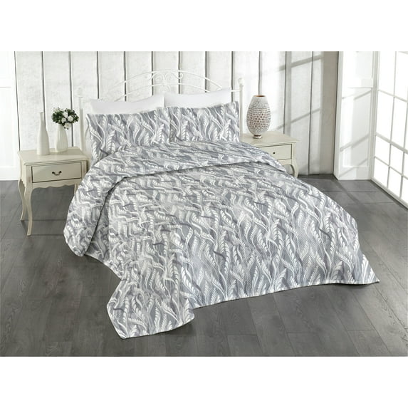 Ambesonne Leafy Pattern Quilted Bedspread Set 3 Pcs, Simple Forest Leaves, King, Pale Grey White