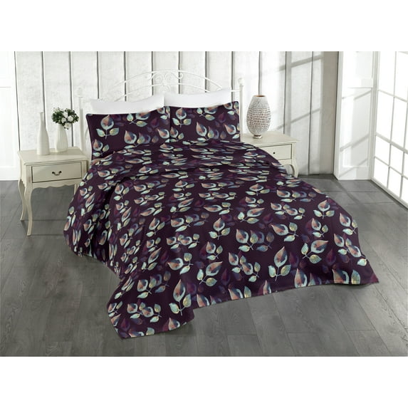Ambesonne Leafy Pattern Quilted Bedspread Set 3 Pcs, Watercolor Leaves Art, King, Almond Green Dark Indigo