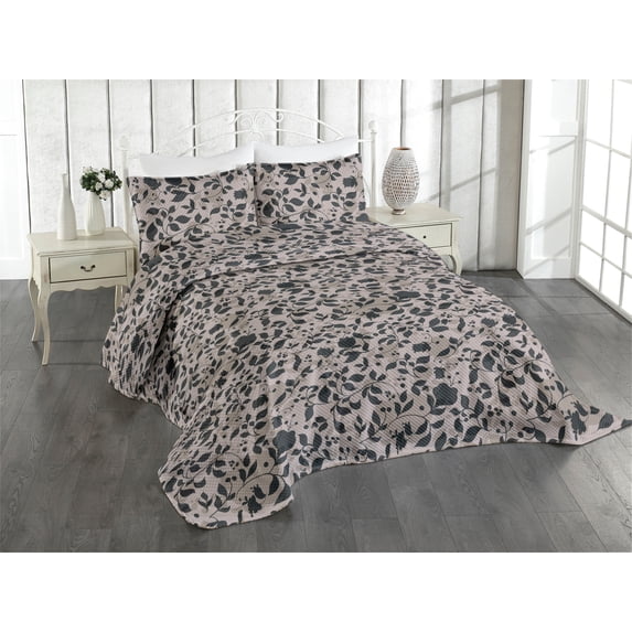 Ambesonne Leafy Pattern Quilted Coverlet 3 Pcs, Muted Floral Design, King Size, Pale Mauve Charcoal Grey