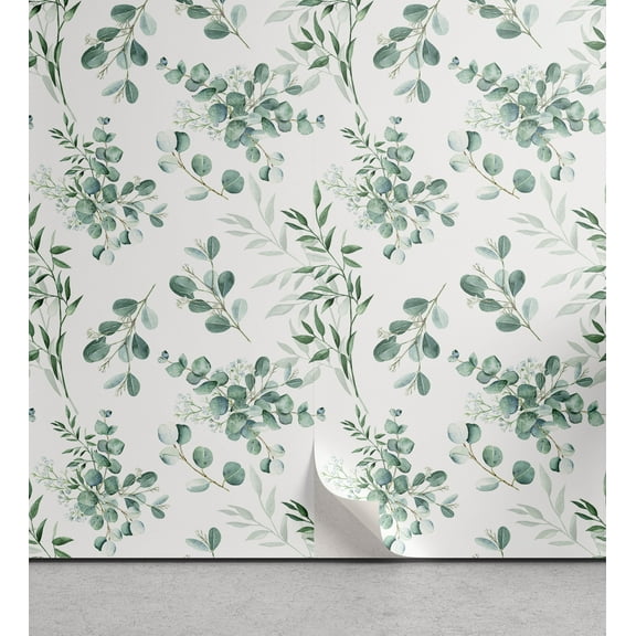 Ambesonne Leafy Peel & Stick Wallpaper for Home, Eucalyptus and Lemon Leaves, 13"x36", Cadet Blue and Jade Green