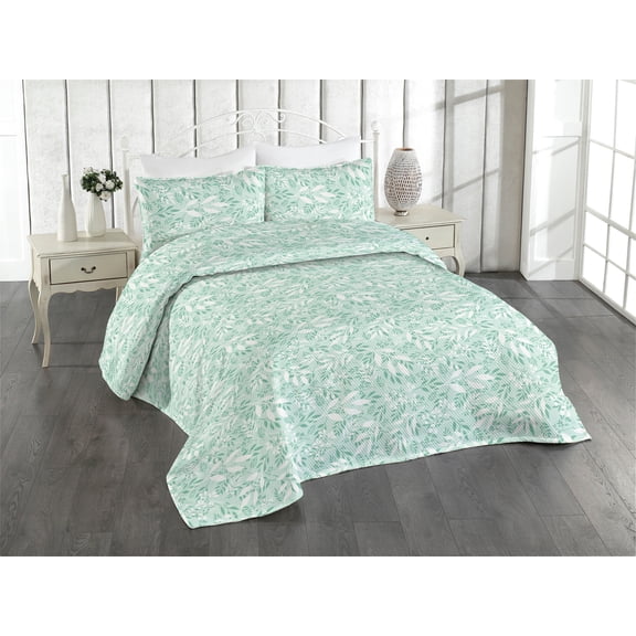 Ambesonne Leafy Scene Quilted Bedspread Set 3 Pcs, Falling Dreamy Leaves, Queen, Almond Green White