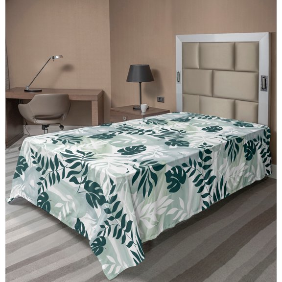 Ambesonne Leafy Silhouettes Flat Bedding Sheet Soft Top Sheet, Leaves Exotics, Twin, Dark Teal White