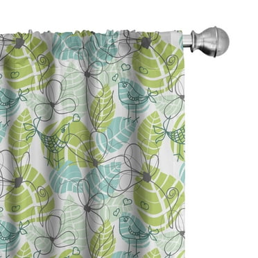 Ambesonne Leaves 4-Panel Curtains, Ornate Doodle Birds, 56"x95", Charcoal Grey Pale Green