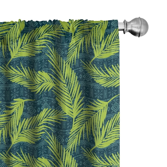 Ambesonne Leaves Window Curtains, Palms on Aztec Background, Each 28" W x 63" L, Yellow Green Jade Green
