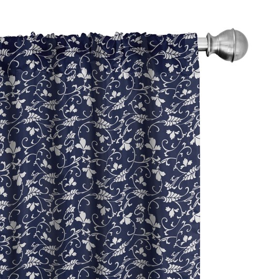 Ambesonne Leaves Window Curtains, Timeless Folk Flora, Each 28" W x 84" L, Dark Indigo and White