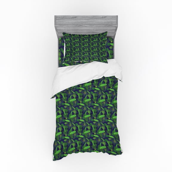 Ambesonne Leaves Bedding Set 3 Pcs, Tropic Monstera Banana Leaf, Twin, Pale Green Navy Blue