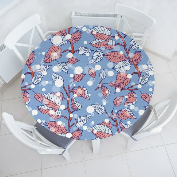 Ambesonne Leaves Design Fitted Round Tablecloth, XMas Themed Leafy Art, 40"- 44" Diameter, Pale Ruby Lavender Blue