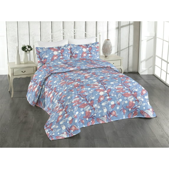 Ambesonne Leaves Design Quilted Bedspread Set 3 Pcs, XMas Themed Leafy Art, King, Pale Ruby Lavender Blue