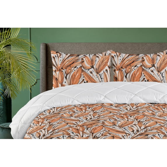 Ambesonne Leaves Down Alternative Quilt Comforter, Botanical Pattern Fall Leaf, Full, Apricot Burnt Orange