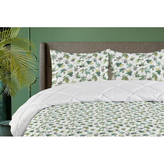 Ambesonne Leaves Down Alternative Quilt Comforter, Retro Leaf Watercolor Print, Twin, Sea Green and Pistachio Green