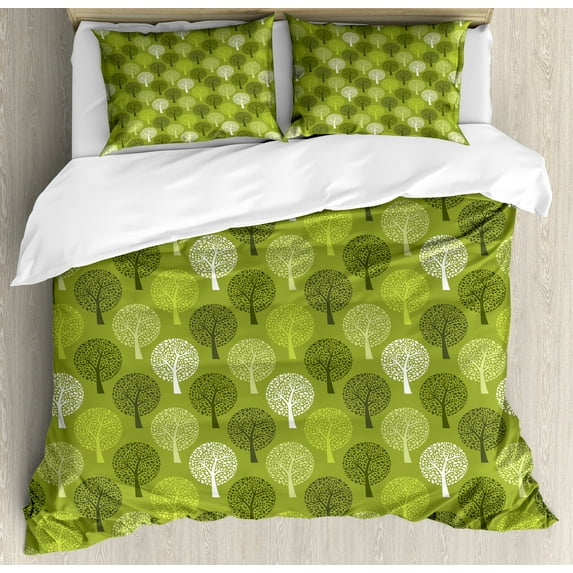 Ambesonne Leaves Duvet Cover Sets, Abstract Trees Motifs Art, 2-King, Olive Green Apple Green