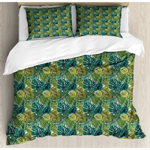 Ambesonne Leaves Duvet Cover Sets, Rainforest Palm and Monstera, 2-Queen, Olive Green Dark Teal