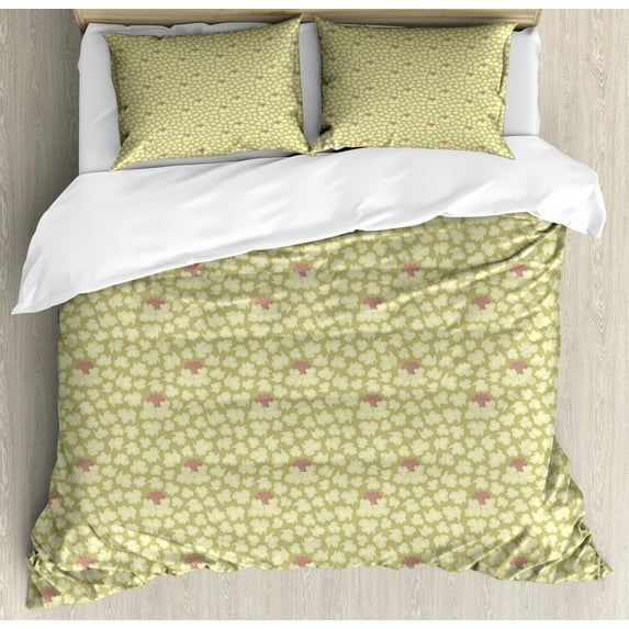 Ambesonne Leaves Duvet Cover Sets, Repetitive Leaf Ornaments, 2-King, Khaki and Pale Ruby