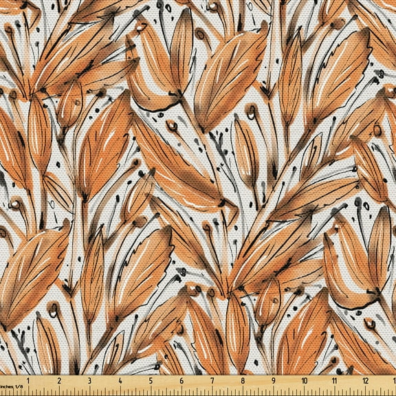 Ambesonne Leaves Fabric by the Yard Upholstery, Botanical Pattern Fall Leaf, 1 Yard, Apricot Burnt Orange