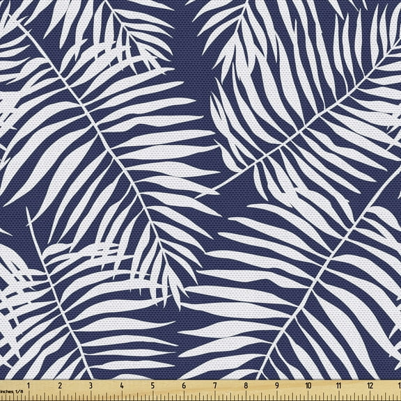 Ambesonne Leaves Fabric by the Yard Upholstery, Navy Aloha Leaf Botanical, 5 Yards, Navy Blue and White