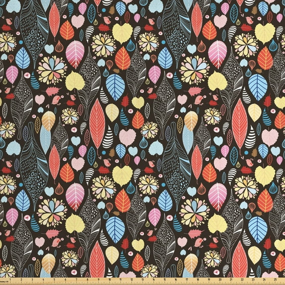 Ambesonne Leaves Fabric by the Yard Upholstery, Birds Foliage Flowers, 2 Yards, Multicolor