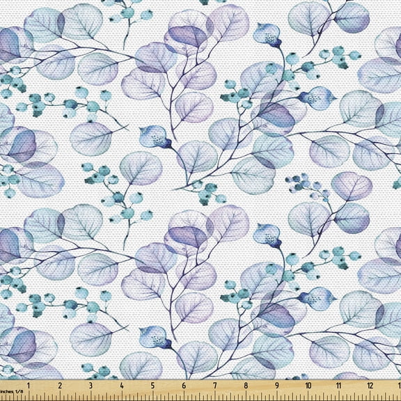 Ambesonne Leaves Fabric by the Yard Upholstery, Branches Circular Leaf Print, 1 Yard, Turquoise Lilac and White