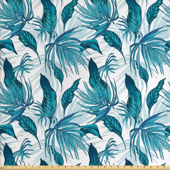 Ambesonne Leaves Fabric by the Yard Upholstery, Exotic Brazilian Foliage, 5 Yards, Aqua Dark Teal and White