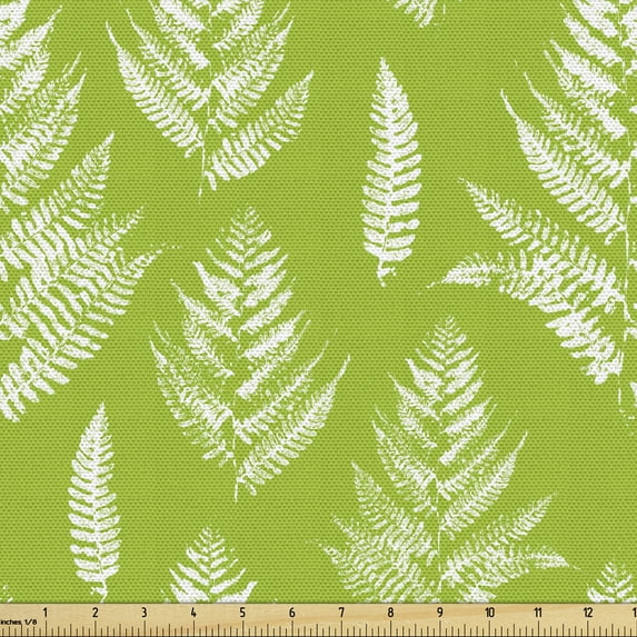 Ambesonne Leaves Fabric by the Yard Upholstery, Fern Herbs with Paint Stains, 1 Yard, Lime Green White