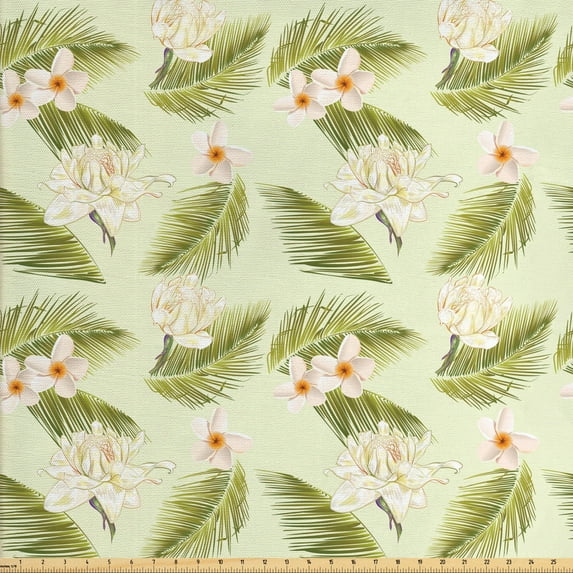 Ambesonne Leaves Fabric by the Yard Upholstery, Frangipani Palm Leaf Graphic, 2 Yards, Pastel Green Multicolor