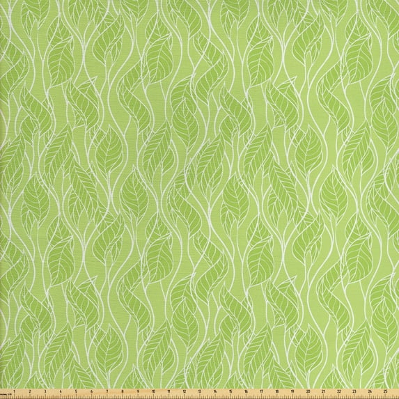 Ambesonne Leaves Fabric by the Yard Upholstery, Green Curvy Twigs Botany, 3 Yards, Pale Green White