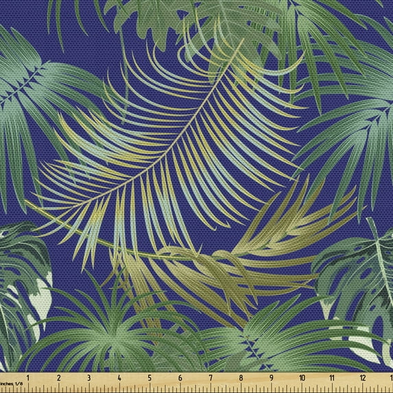 Ambesonne Leaves Fabric by the Yard Upholstery, Hawaiian Palm Leaves Design, 5 Yards, Dark Blue Jade Green