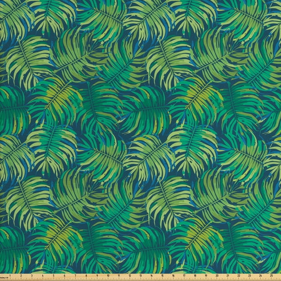 Ambesonne Leaves Fabric by the Yard Upholstery, Hawaiian Tropical Foliage, 10 Yards, Green Night Blue