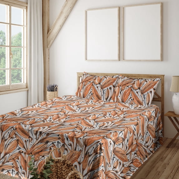 Ambesonne Leaves Fitted & Flat Sheet with Sham 3 Pcs Set, Botanical Pattern Fall Leaf, Twin XL, Apricot Burnt Orange