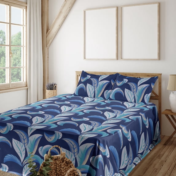 Ambesonne Leaves Fitted & Flat Sheet with Sham 3 Pcs Set, Indigo Jungle Boho Print, Twin, Dark Lavender and Turquoise