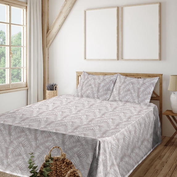 Ambesonne Leaves Fitted & Flat Sheet with Sham 3 Pcs Set, Warm Taupe Leaf Botanical, Twin, Warm Taupe White