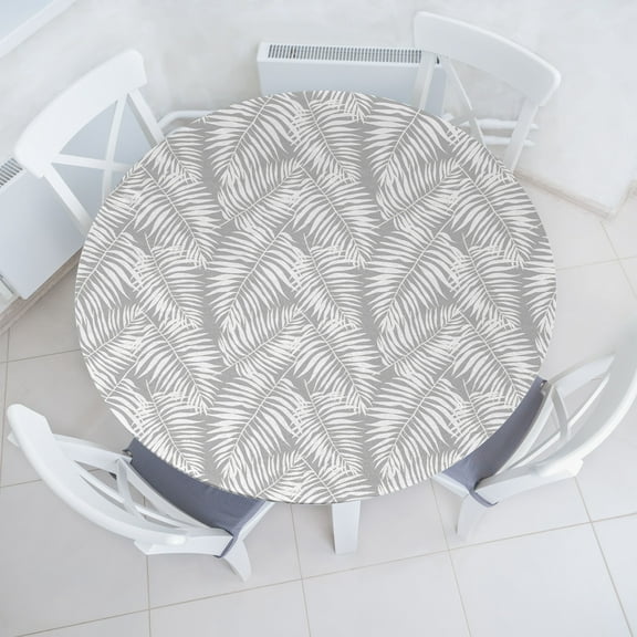 Ambesonne Leaves Fitted Round Tablecloth, Grey Aloha Leaf Botanical, 36"- 40" Diameter, Grey and White