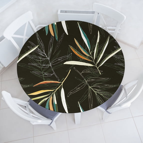 Ambesonne Leaves Fitted Round Tablecloth, Modern Simplistic Leafy Art, 40"- 44" Diameter, Dark Olive Green and Yellow
